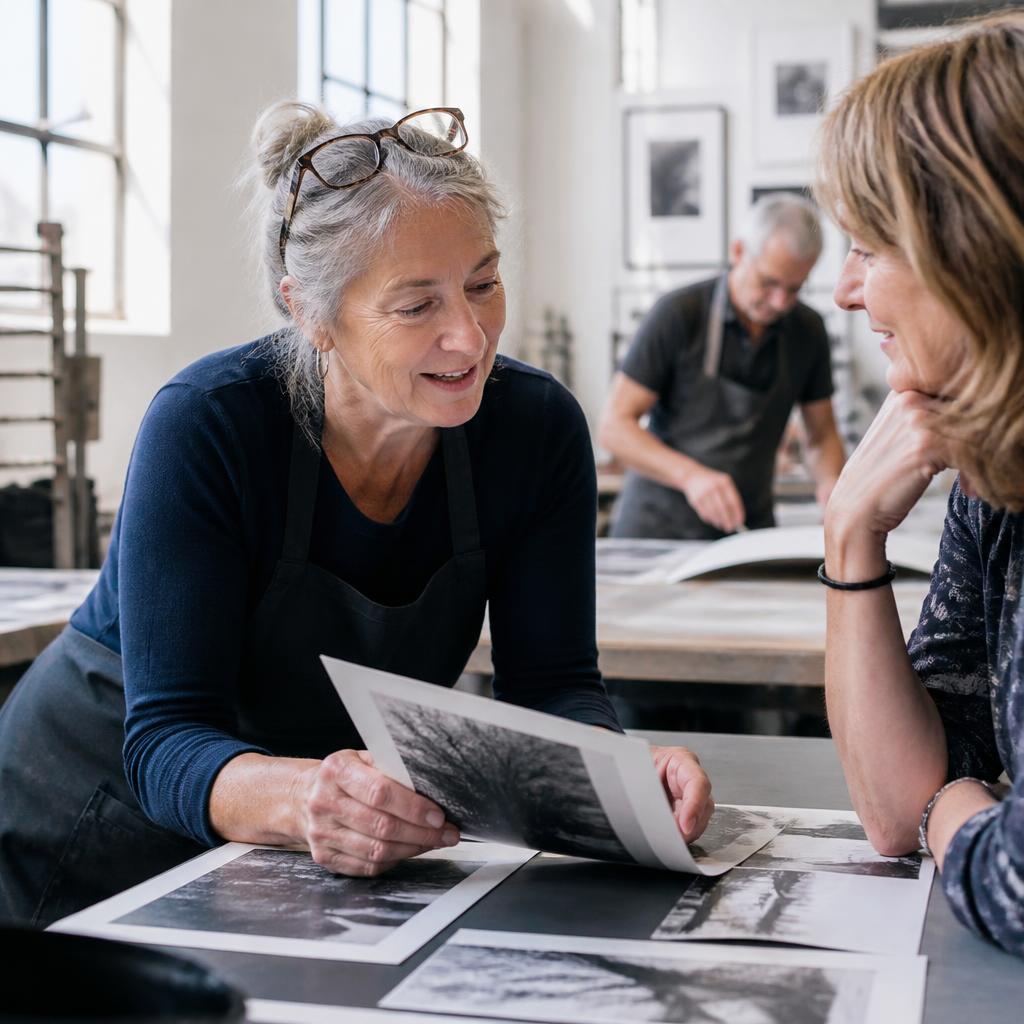 Two women talk over photographs at a shared creative workshop while another participant works nearby.