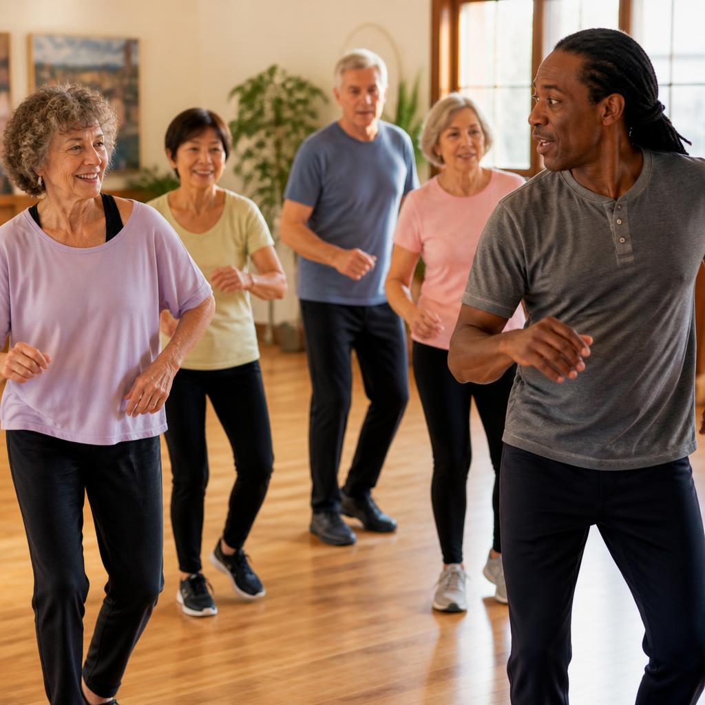 Adults practise a dance routine together in a bright community studio.