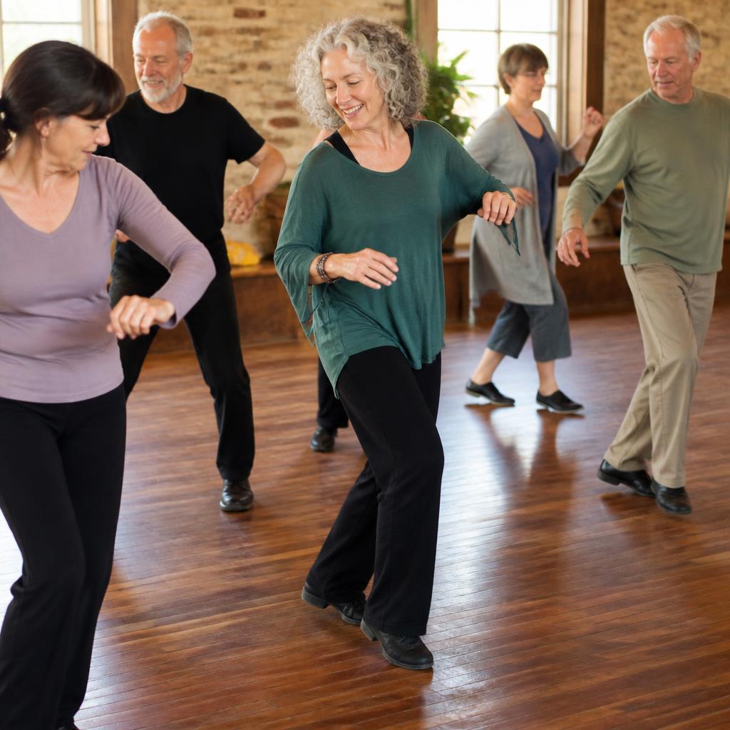 Adults in midlife and later life enjoy a dance class together in a bright studio.
