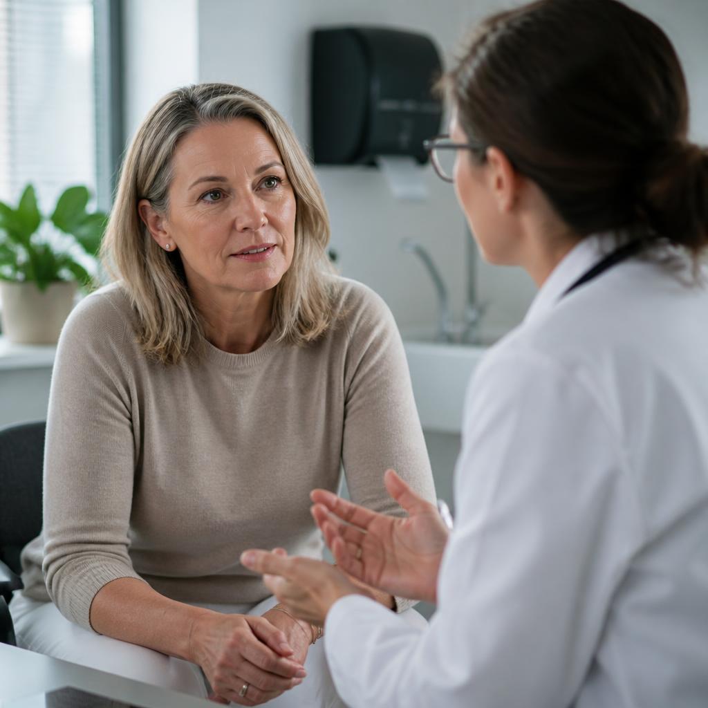 A midlife woman discusses her health with a clinician during a calm consultation.