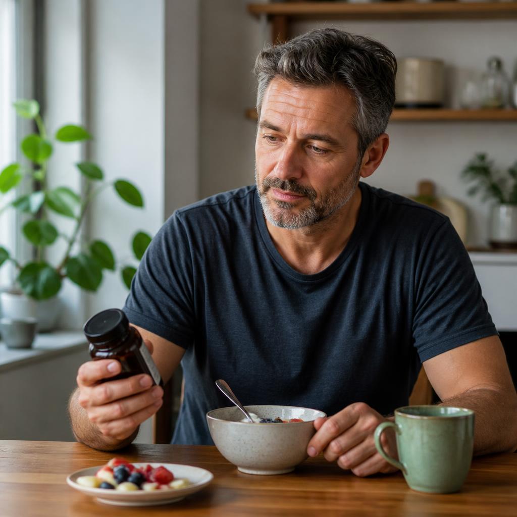 A man considers a supplement bottle beside a simple breakfast at home.