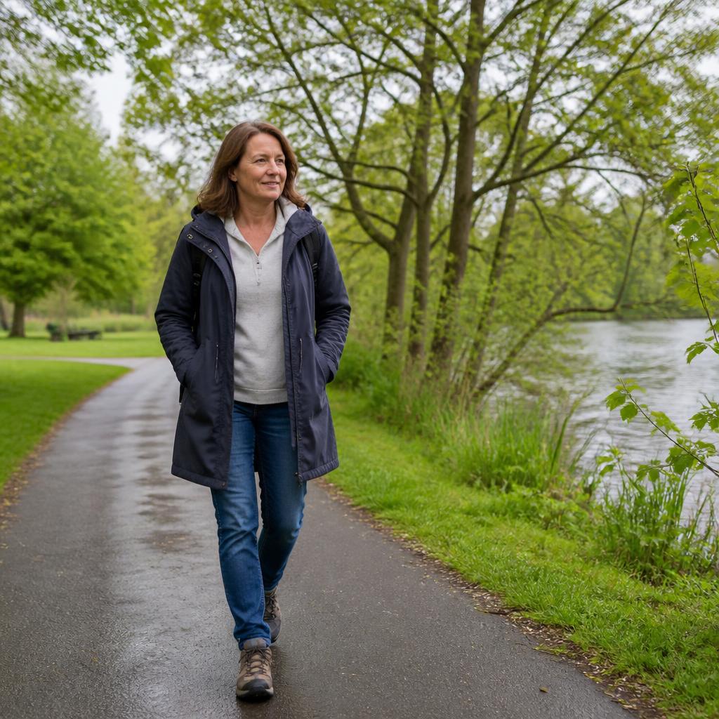 A woman takes a quiet walk on a leafy path in a UK park.